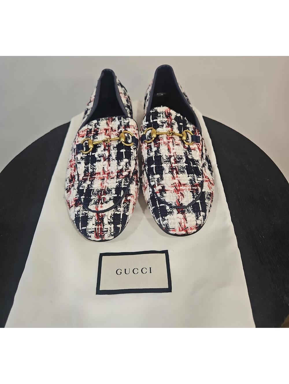 Gucci Tweed Horsebit Loafers in Navy, White & Red